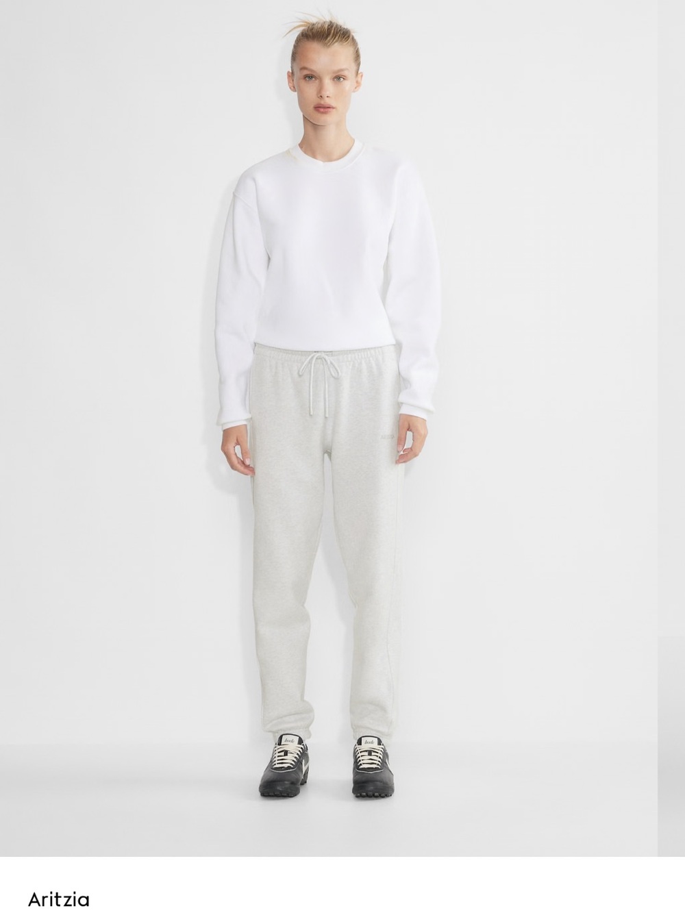 Aritzia TNA Boyfriend Fit Casual White Sweatshirt with Light Gray Joggers